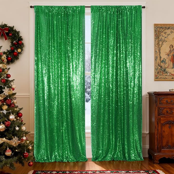Poise3EHome Green Sequin Backdrop Curtain, 2 Panels 2FTx8FT Glitter Background - Image 2