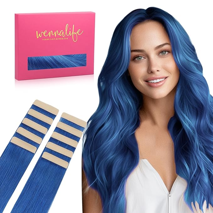 WENNALIFE Tape in Hair Extensions Human Hair Blue Tape in Extensions, 10pcs 30g 20 inch Remy Invisible Tape Ins Straight Colored Soft Real Human Hair Tape in Extensions Refill Set Extensions