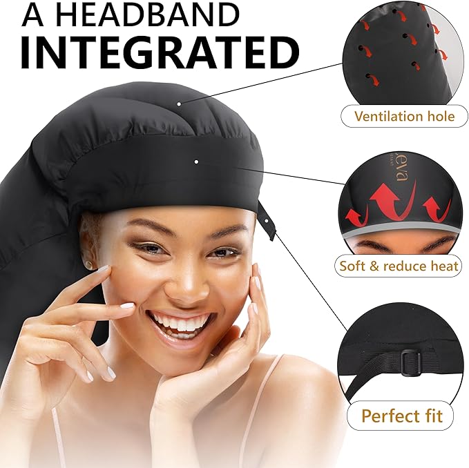 Large Hooded Hair Dryer Bonnet Attachment w/Integrated Headband - Reduces Heat Exposure Around Ears & Neck - Enhanced Size for Use with Rollers, Speeds Up Drying Time, Deep Conditioning at Home