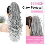 ALXNAN Ponytail Extension,24 Inch Claw Clip in Long Curly Wavy Grey with White Ends Ponytail Hair Extension Jaw Clip on Pony Tails Hairpiece for Women