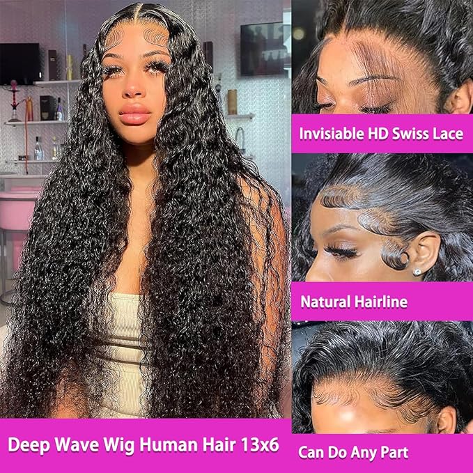 Deep Curly Wig Human Hair 13x6 Deep Wave HD Lace Frontal Wigs for Black Women Human Hair Pre Plucked 210% Density Glueless Wet and Wavy Curly Wig 32Inch