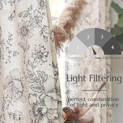 jinchan Black Floral Linen Curtains 63 Inch Farmhouse Back Tab 2 Panels | Light - Image 5