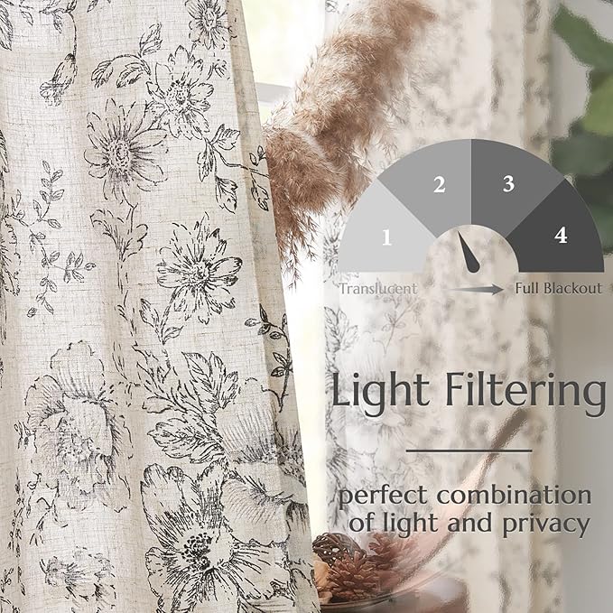 jinchan Black Floral Linen Curtains 84 Inch Vintage Back Tab 2 Panels | Light - Image 3
