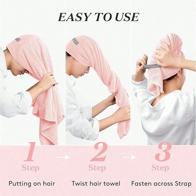 Women Microfiber Hair Towel Wrap with Elastic Strap,Super Absorbent Anti Frizz Drying Turban for Curly, Long,Wet Hair-Pink