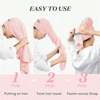 Women Microfiber Hair Towel Wrap with Elastic Strap,Super Absorbent Anti Frizz Drying Turban for Curly, Long,Wet Hair-Pink