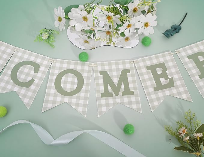 Sage Green Gingham Welcome Baby Shower Banner - Image 6