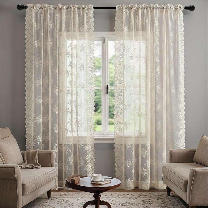 Kotile Beige Floral Lace Curtains - Image 6