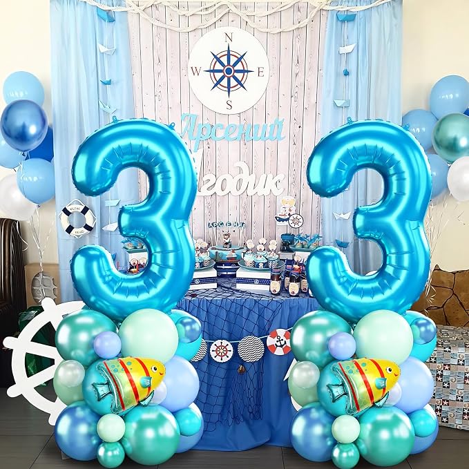 Blue Number 3 Balloon 40 Inch Ocean Under the Sea Number Three Foil Balloons - Image 4