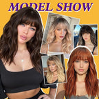 Brown Wig with Bangs,Brown Highlight Synthetic Shoulder Length Curly Wavy Wigs for Women Party Daily Use 18IN