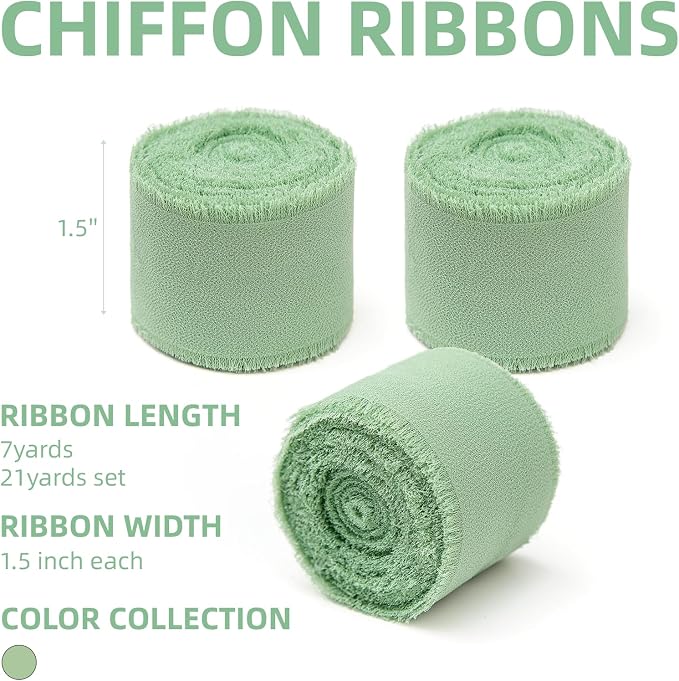 KEOSREE 3 Rolls Sage Green Handmade Chiffon Ribbon, 1.5" x 21Yd | Frayed Fringe - Image 2