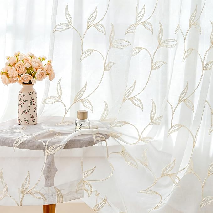 Sheer Curtains Boho Leaf Floral Embroidered Cream Beige 54Wx63L | Light by VISIONTEX