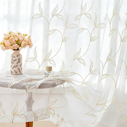 Sheer Curtains Boho Leaf Floral Embroidered Cream Beige 54Wx63L | Light by VISIONTEX