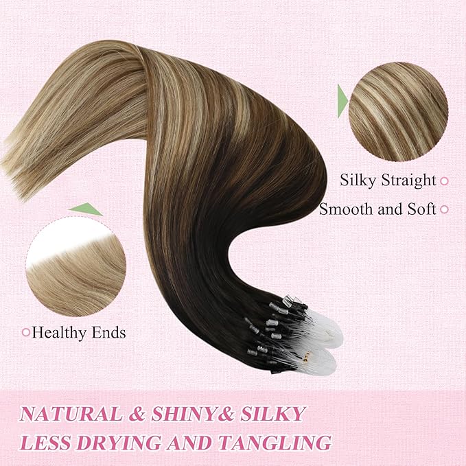 YoungSee Microlink Hair Extensions Human Hair Balayage Micro Ring Hair Extensions Ombre Dark Brown to Medium Browns with Blonde Hair Extension Beaded 20Inch 50g 50s Cold Fusion Hair Extension