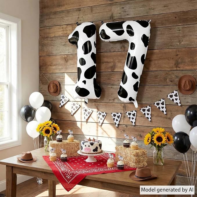 40 Inch Cow Print Number 17 Balloon Set, Giant Black & White Foil Mylar Number - Image 6