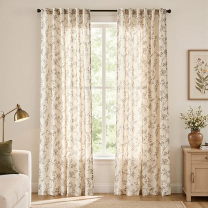 Taupe Floral Linen Curtains Farmhouse Rod Pocket 50W X 84L 2 Panels | Charlotte - Image 2