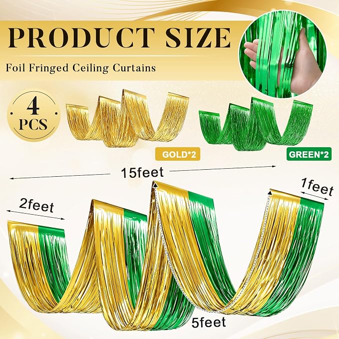 4 Pcs 15ft Gold Green Metallic Foil Ceiling Fringe Curtains, Fringe Drapes - Image 2