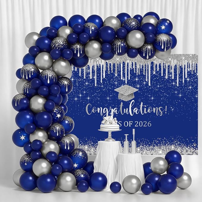 Mocsicka 10x7ft Blue and Sliver Graduation Backdrop Class of 2026 Photography - Image 2