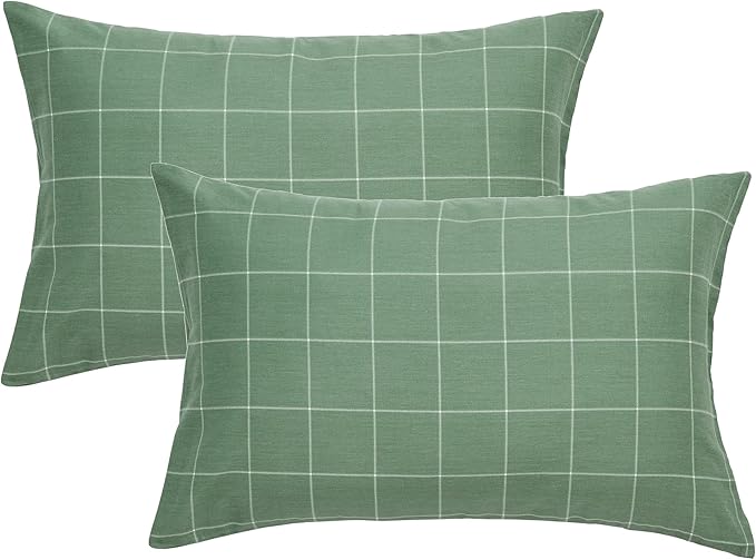 JELLYMONI 100% Natural Cotton Plaid Standard Pillowcases Set, 2 Pack White with Green Grid Geometric Pattern Printed Pillow Covers with Envelope Closure(Pillows are not Included)