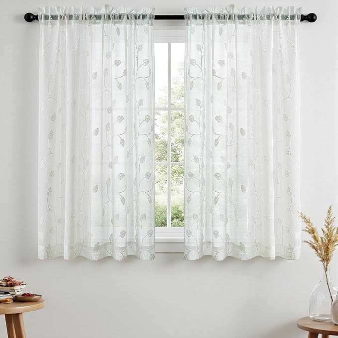 White Sheer Curtains Decorative Embroidered Leaf 54 Inches Long | Light by VISIONTEX