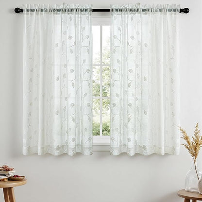 White Sheer Curtains Decorative Embroidered Leaf 54 Inches Long | Light by VISIONTEX