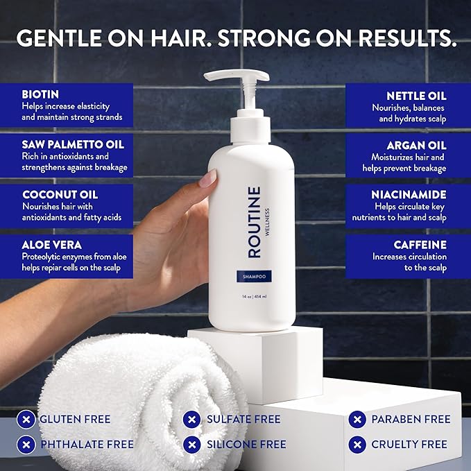 Routine Wellness Anti-Thinning Shampoo for Thinning Hair - Biotin DHT Blocker Women & Men - Color Safe Shampoo for Hair Loss & Healthy Hair - Peony & Pomegranate - 14oz