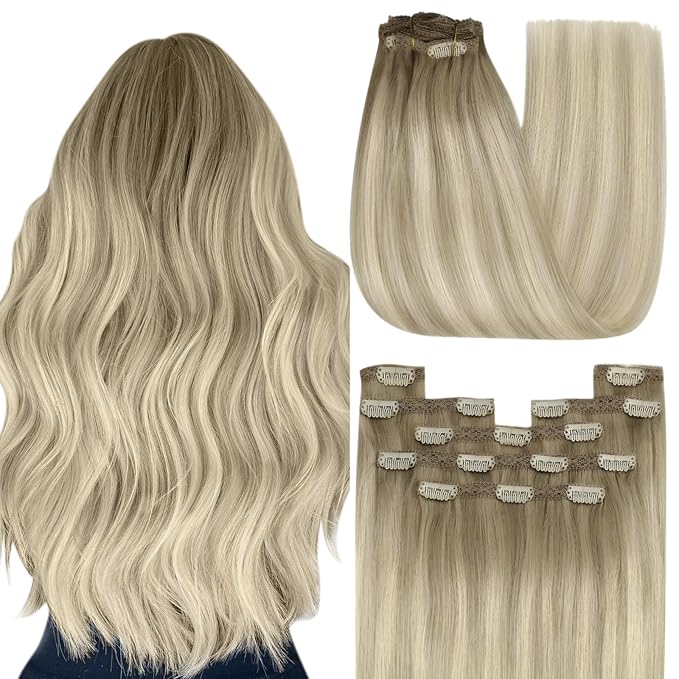 YoungSee 135g Clip in Hair Extensions Human Hair Ombre Clip in Human Hair Extensions Ash Blonde Mix Platinum Blonde Dyable Remy Hair Clip in Extensions for Women 7Pcs 18Inch