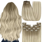 YoungSee 150g Blonde Clip in Hair Extensions Ombre Ash Blonde Mix Platinum Blonde Highlights Real Hair Extensions Clip in Human Hair Balayage Clip on Hair Extensions for Women 22Inch 7Pcs