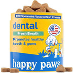 Happy Paws Dental Soft Chew, Dog Breath Freshener & Teeth Cleaning Treats, Oral Care Support for All Breeds, Sizes & Ages, Natural Spearmint Flavor, Organic & Non GMO (100 Chews)