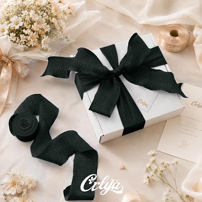 Black Ruffle Ribbon, 1-1/2 Inch x 10 Yards Chiffon Silk Ribbons | Crinkle ribbon - Image 2