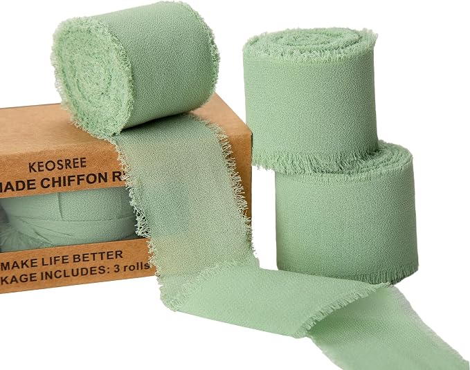 KEOSREE 3 Rolls Sage Green Handmade Chiffon Ribbon, 1.5" x 21Yd | Frayed Fringe by KEOSREE