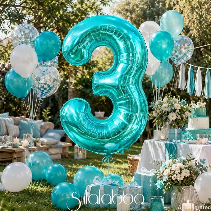 40 Inch Big Teal Blue Number 3 Foil 0-9 Mylar Helium Balloons | Large Digital - Image 6