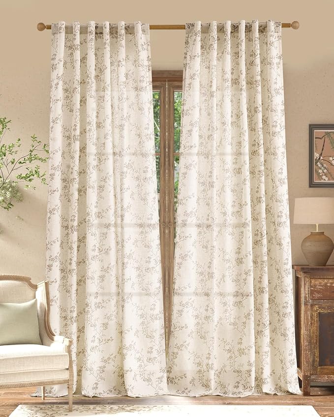 jinchan Taupe Floral Linen Curtains 96 Inch Farmhouse Back Tab 2 Panels | by JINCHAN