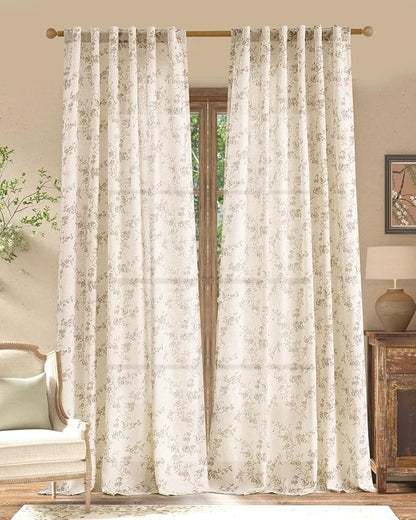 jinchan Taupe Floral Linen Curtains 96 Inch Farmhouse Back Tab 2 Panels | by JINCHAN