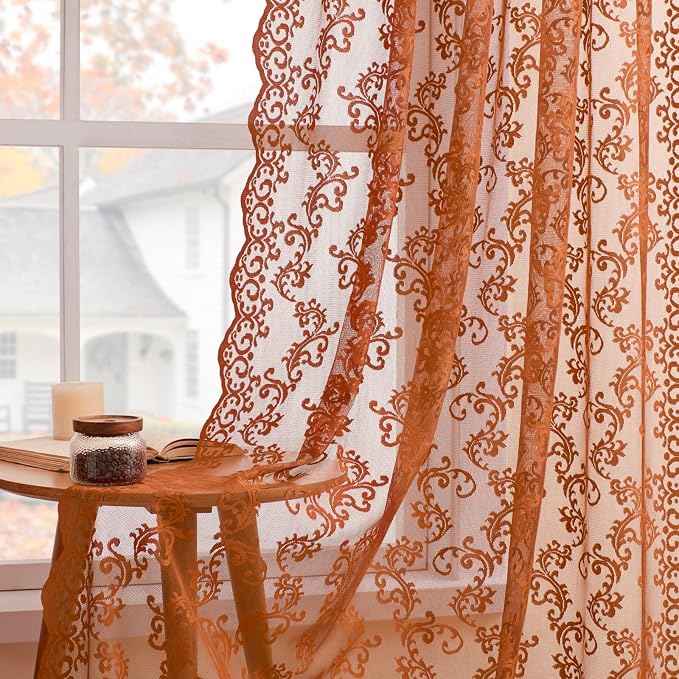 Brunt Orange Lace Curtains 63 Inch Length 2 Panels Set by FOLKSIDEHomeDecoration