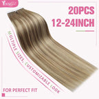 YoungSee Human Hair Tape in Extensions Balayage Invisible Tape in Hair Extensions Human Hair Light Brown Ombre Blonde Tapes ins Human Hair Long Hair Extension 24 Inch 20pcs Hair Extension Tape-in 50g