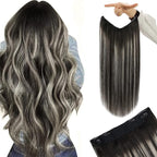 YoungSee Wire Hair Extensions Human Hair Black Balayage Human Hair Wire Extensions Black Ombre Silver Balayage Fish Line Extensions Long Straight Hair 20In 100G