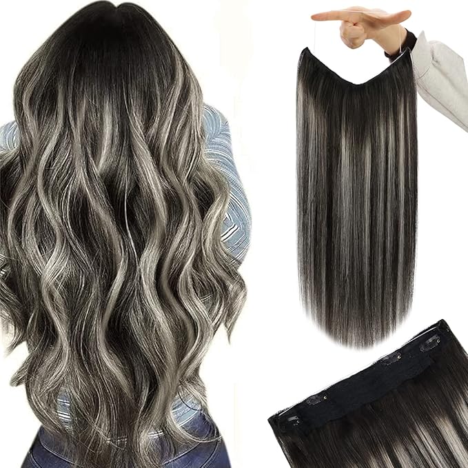YoungSee Invisible Wire Hair Extensions Real Human Hair Ombre Black Hair Extensions Wire Silver Balayage Fish Line Hair Extension for Women 18Inch 80G