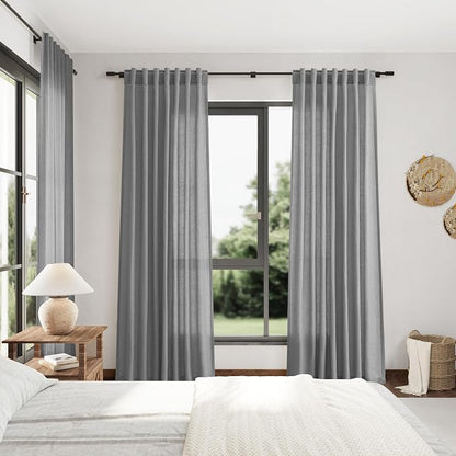 Dark Grey Linen Extra Long Curtain 108 Inches Long 2 Panels Set Back Tab Drapes - Image 7