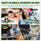 Rolling Salon Tray, Adjustable Salon Tray on Wheels, Premium Aluminum Tattoo Tray Cart for Spa Clinic, Green