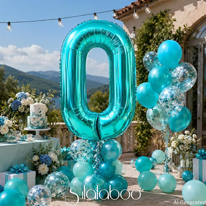 40 Inch Big Teal Blue Number 0 Foil 0-9 Mylar Helium Balloons | Large Digital - Image 2