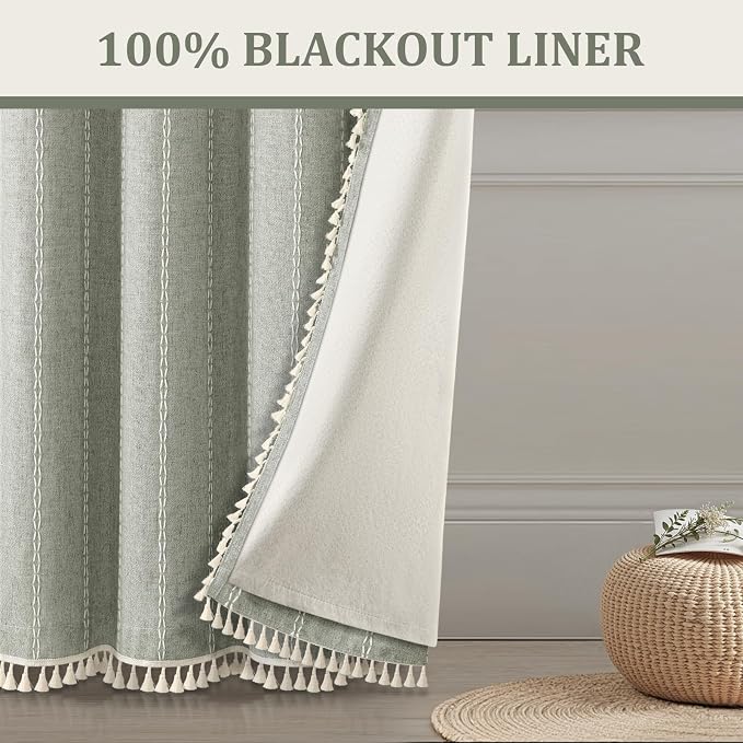 Sage Green Boho Blackout Curtains 90 Inch 2 Panels - Image 2