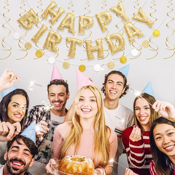 Pre-strung Gold Glitter Happy Birthday Banner Reusable Birthday Decorations | - Image 8