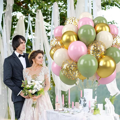 Paready Pink and Green Balloons, 12 Inch Metallic Gold Confetti Avocado Green - Image 7