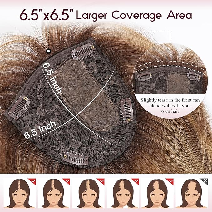 EMMOR 12 Inch Human Hair Topper for Women - Real Hair Topper with Bangs & 6.5" × 6.5" Larger Base, Natural Thin Hair Solution for Women(Mixed Brown)