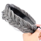 DIGUAN Wide Messy Braided Headband With Teeth Synthetic Hair Plaited Headband High Elasticity Braids Chunky Fishtail Braided Hair Band Hairpiece for Girls Women Beauty Accessory (Salt Pepper)