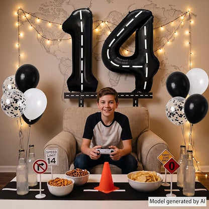 Black and White Stripes Number 14 Balloon 40 Inch, Foil Digits Track Decor | - Image 2