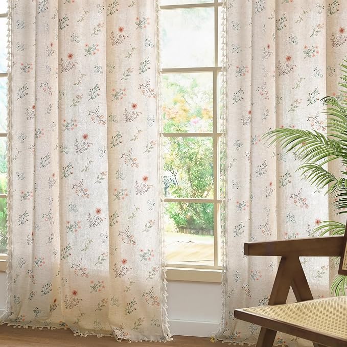Boho Floral Light Filtering Curtains 96 Inch 2 Panels Linen Texture | Farmhouse - Image 4