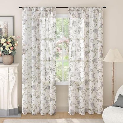Floral Sheer Curtains for Bedroom Window 72 Inch Length 2 Panels, Farmhouse by Lajode
