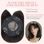 Hairro Mono Hair Toppers with Bangs, 3.4" x 3.4" Mono Base 100% Real Human Hairpieces for Women, 150% Density Clips In Topper for Greyish Thinning Hair, 20 Inch Natural Black