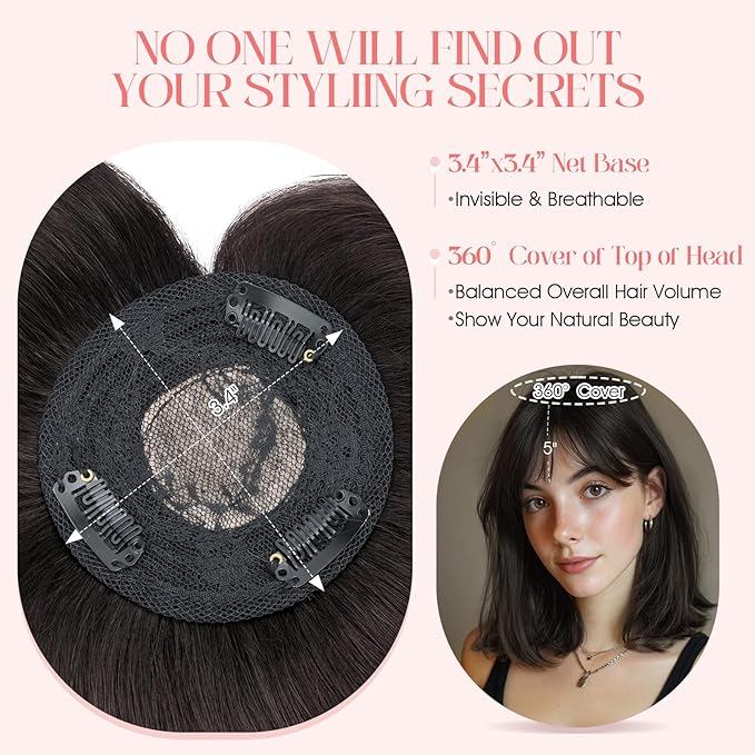Hairro Mono Hair Toppers with Bangs, 3.4" x 3.4" Mono Base 100% Real Human Hairpieces for Women, 150% Density Clips In Topper for Greyish Thinning Hair, 12 Inch Natural Black